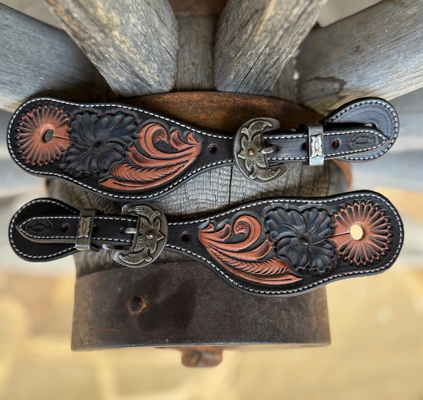 Clay Cassle - Small/Medium - Tri-Colored w/ Blue Flower Tooled Spur Straps w/ Floral  KK Buckles