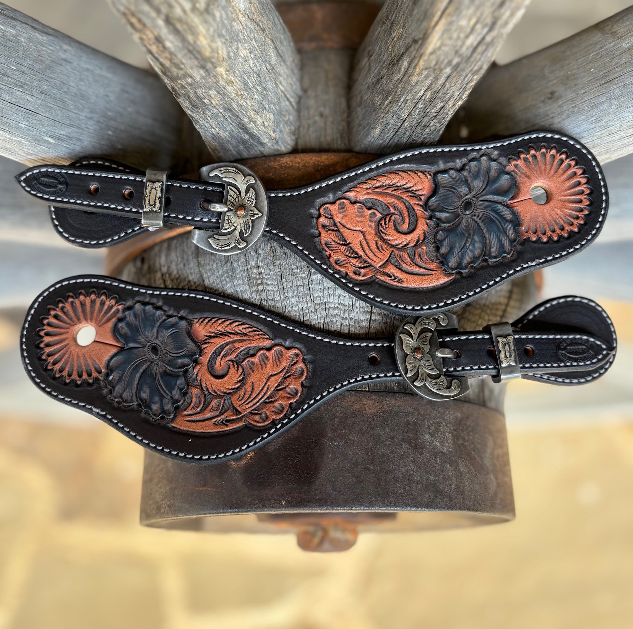 Clay Cassle Large Blue Flower Tooled Spur Straps w/ Floral  KK Buckles