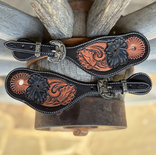 Clay Cassle - Large- Tri-Colored w/ Blue Flower Tooled Spur Straps w/ Floral  KK Buckles