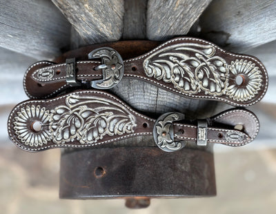 Clay Cassle - Small/Medium -  Vintage Chocolate Tooled Spur Straps w/ Floral  KK Buckles