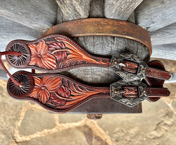 TM Leather Medium/Large Two-Tone Brown Tooled Curved Spur Straps w/ KK Diamond Buckles