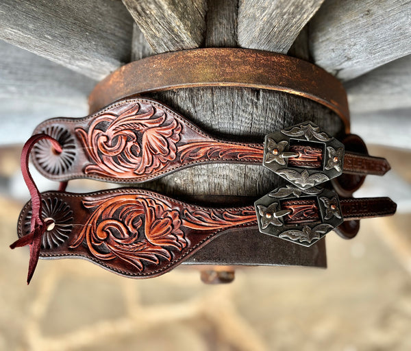 TM Leather Medium/Large Two-Tone Brown Tooled Curved Spur Straps w/ KK Diamond Buckles