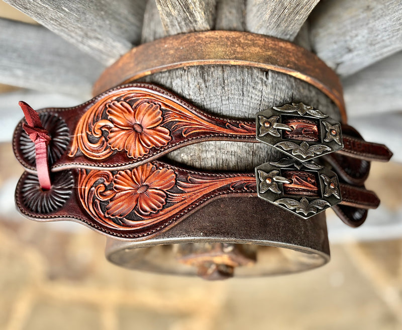 TM Leather Medium/Large Two-Tone Brown Tooled Curved Spur Straps w/ KK Diamond Buckles