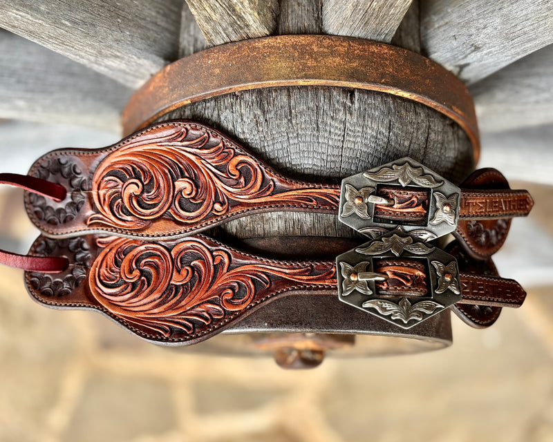 TM Leather Medium/Large Two-Tone Brown Tooled Curved Spur Straps w/ KK Diamond Buckles
