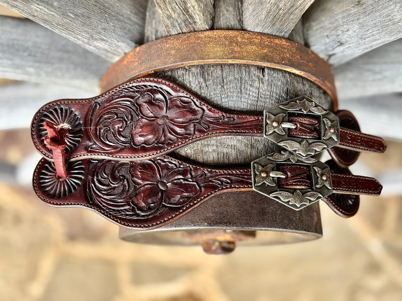 TM Leather Medium/Large Brown Tooled Spur Straps w/ KK Diamond Buckles