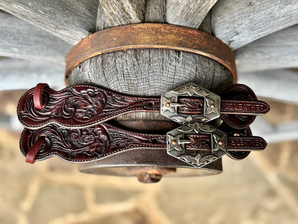 TM Leather Medium/Large Brown Tooled Spur Straps w/ KK Diamond Buckles