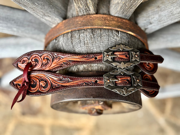 TM Leather Medium/Large Tear Drop Two-Tone Brown Tooled Spur Straps w/ KK Diamond Buckles