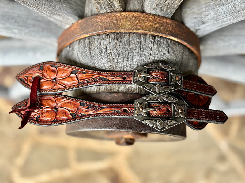 TM Leather Medium/Large Tear Drop Two-Tone Brown Tooled Spur Straps w/ KK Diamond Buckles