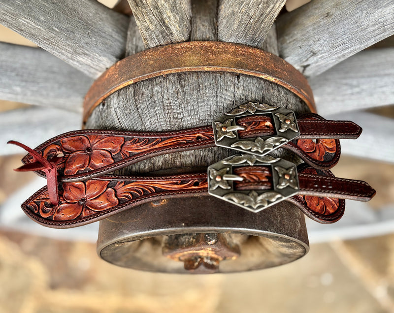 TM Leather Medium/Large Tear Drop Two-Tone Brown Tooled Spur Straps w/ KK Diamond Buckles