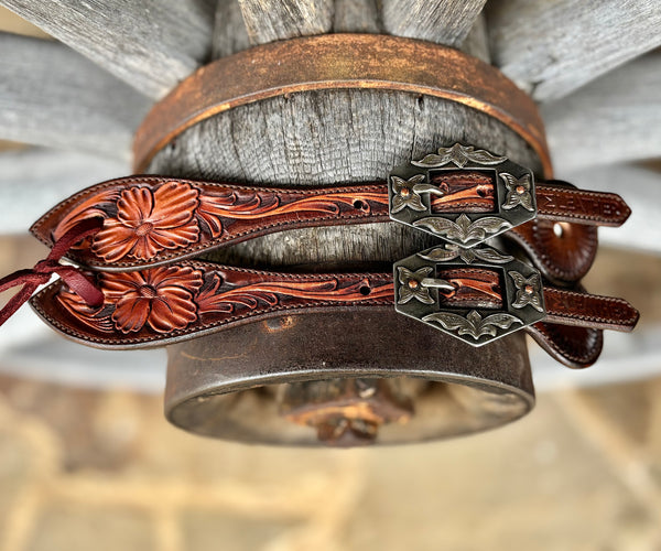 TM Leather Medium/Large Tear Drop Two-Tone Brown Tooled Spur Straps w/ KK Diamond Buckles