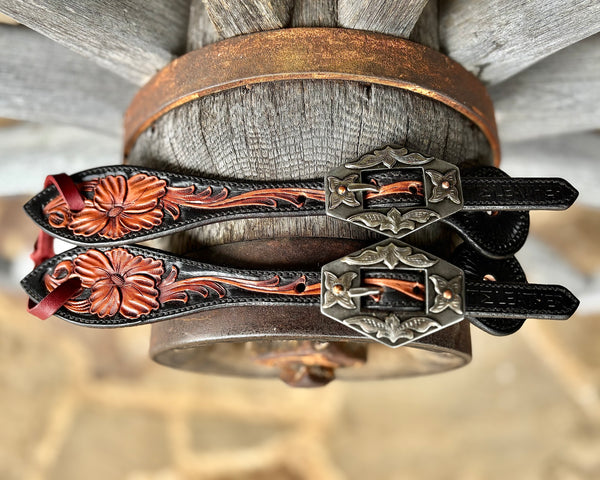 TM Leather Medium Black & Brown Tooled Tear Drop Spur Straps w/ KK Diamond Buckles