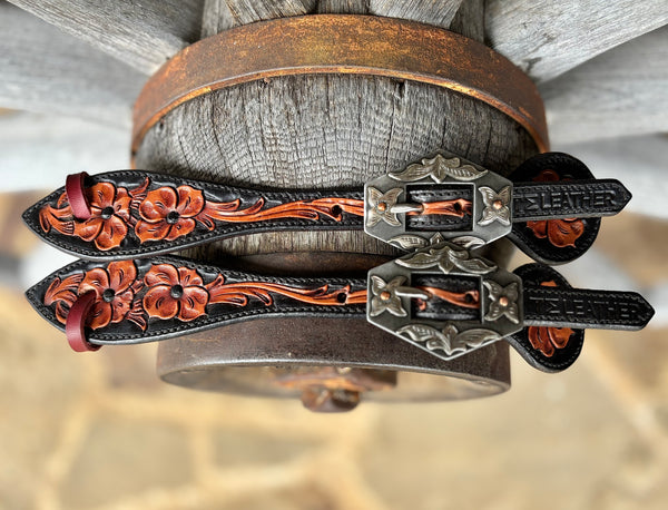 TM Leather Medium Black & Brown Tooled Tear Drop Spur Straps w/ KK Diamond Buckles