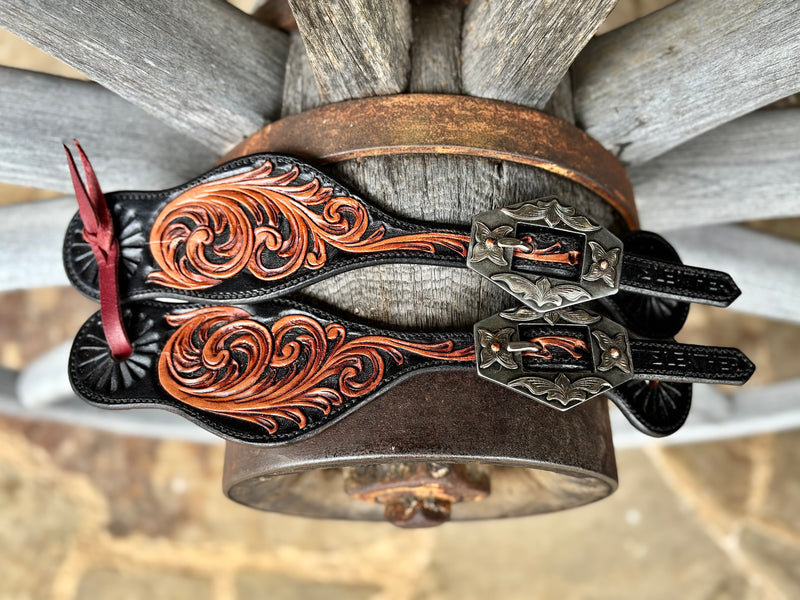 TM Leather Medium/Large Black and Brown Tooled Curved Spur Straps w/ KK Diamond Buckles