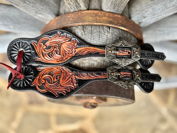 TM Leather Medium/Large Black and Brown Tooled Curved Spur Straps w/ KK Diamond Buckles
