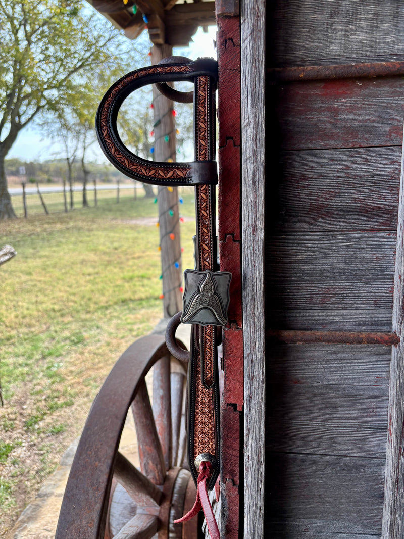 JD Basket Flower Stamped Ear Loop Headstall w/ Square Kerry Kelley Buckle