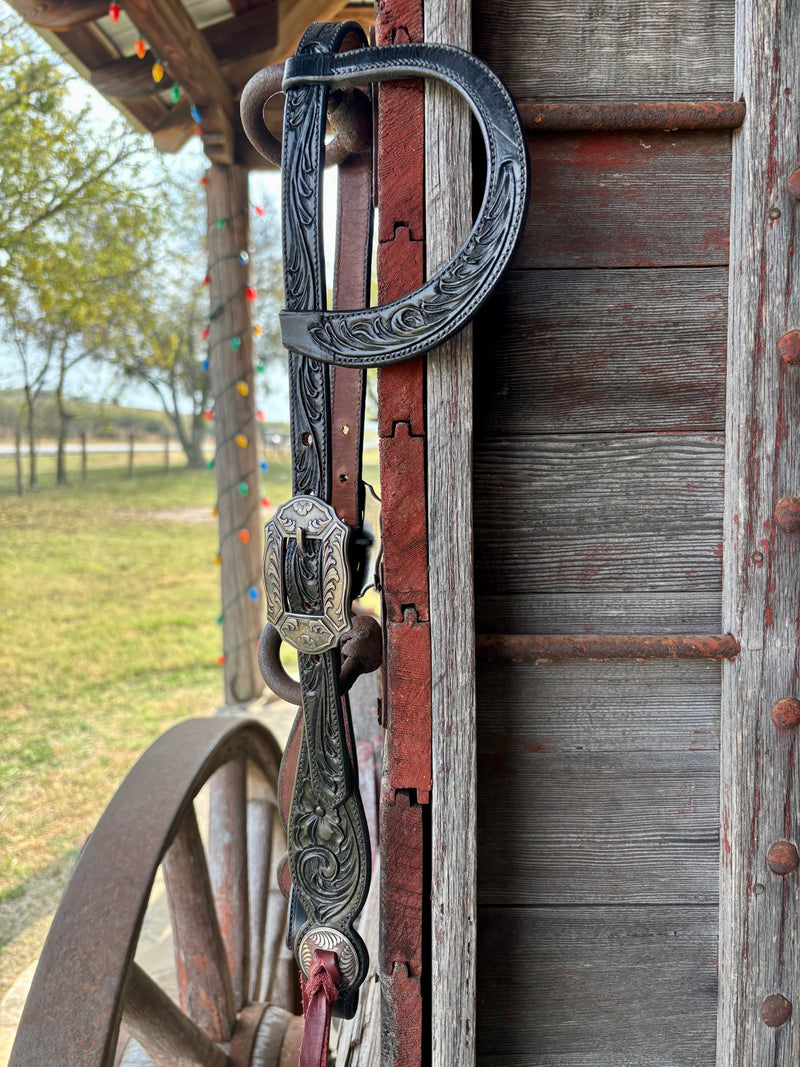TM Leather Black Scroll Ear Loop Headstall w/ Floral and Scroll Scallop Buckles