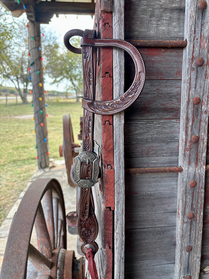 TM Leather Chocolate Scroll Ear Loop Headstall w/ Floral and Scroll Scallop Buckles
