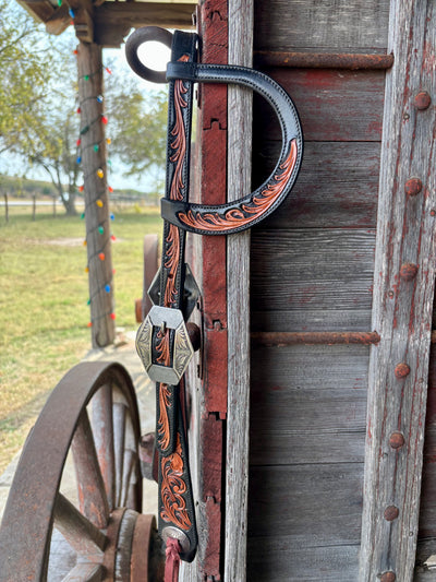 TM Leather Black and Natural Tooled Ear Loop Headstall w/ KK Diamond Buckles