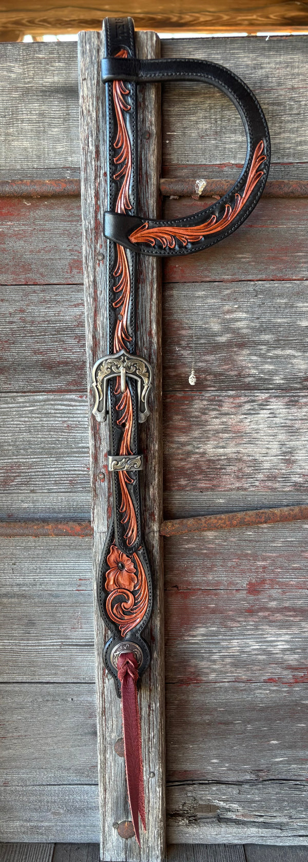 TM Leather Black and Brown Floral and Scroll Ear Loop Headstall w/ Scroll Ranger Buckle