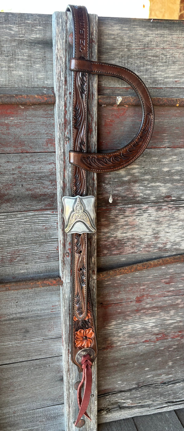 TM Leather Two-Tone Brown Floral and Scroll Ear Loop Headstall w/ Square Engraved Buckles
