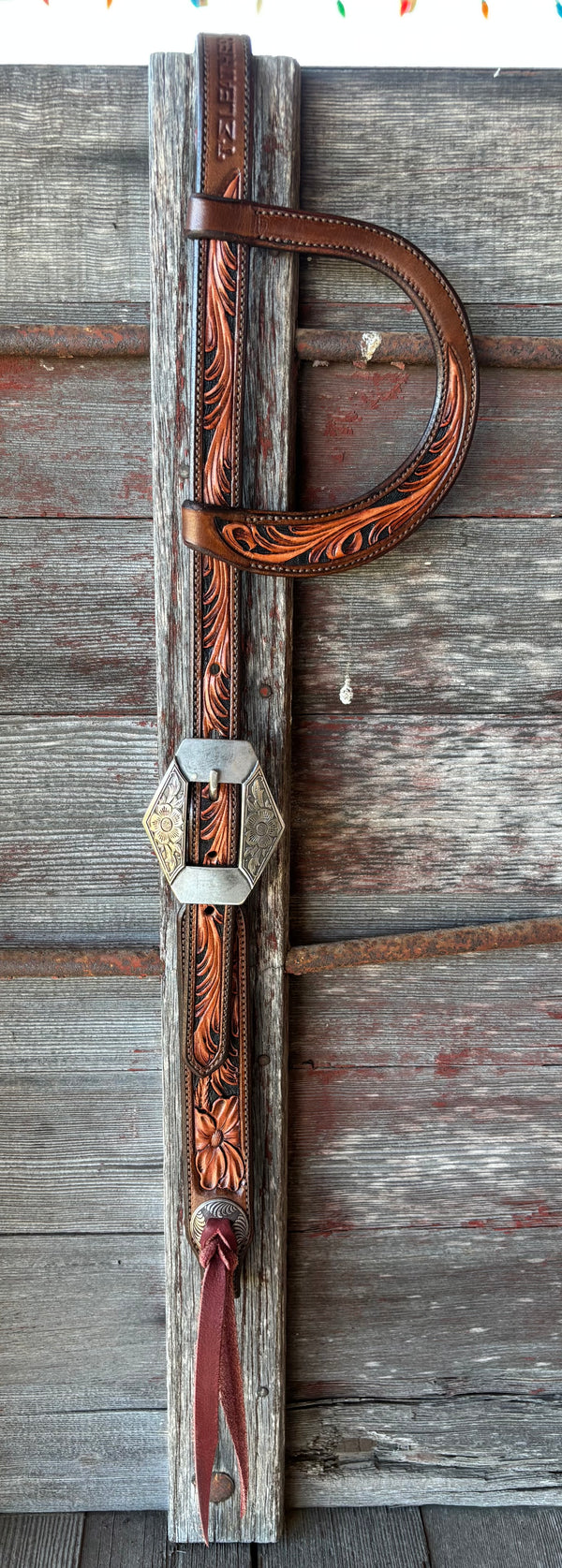 TM Leather Two-Tone Brown Floral and Scroll Ear Loop Headstall w/ Floral Diamond Buckle