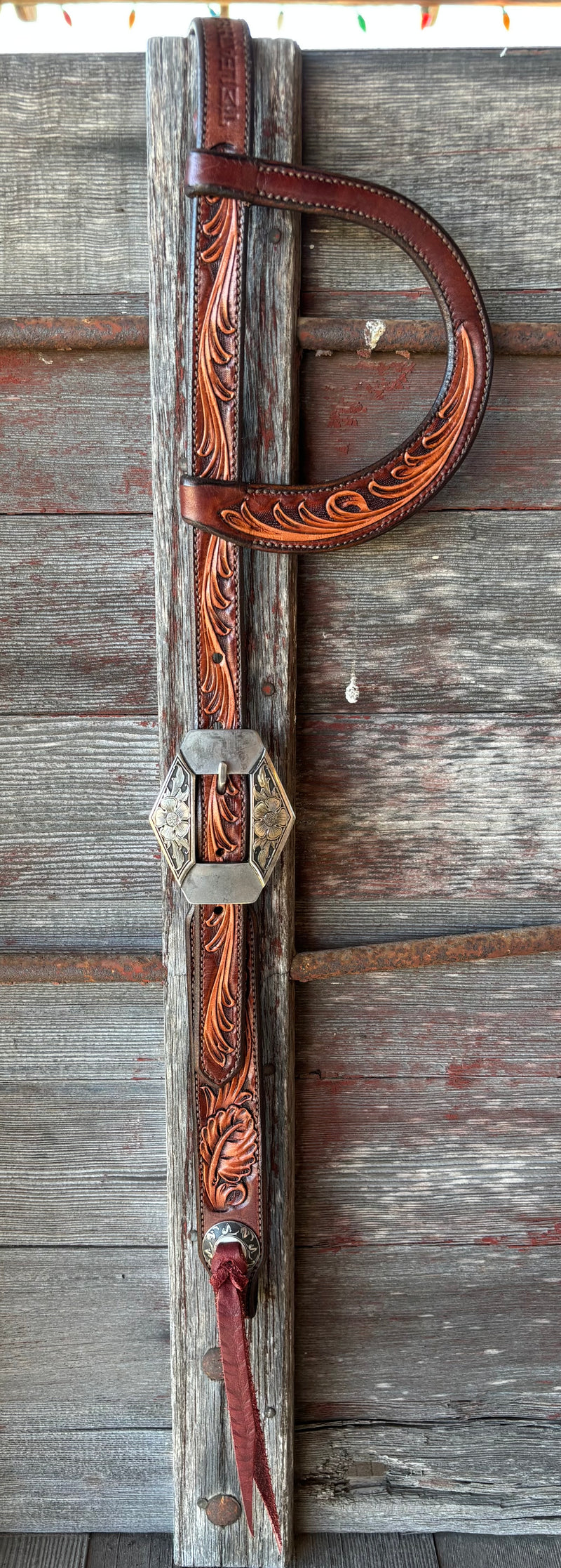 TM Leather Two-Tone Brown Floral and Scroll Ear Loop Headstall w/ Floral Diamond Buckle