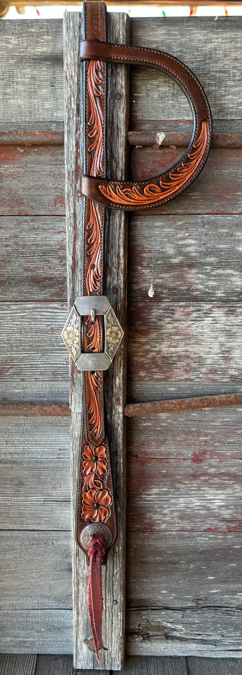 TM Leather Two-Tone Brown Floral and Scroll Ear Loop Headstall w/ Floral Diamond Buckle