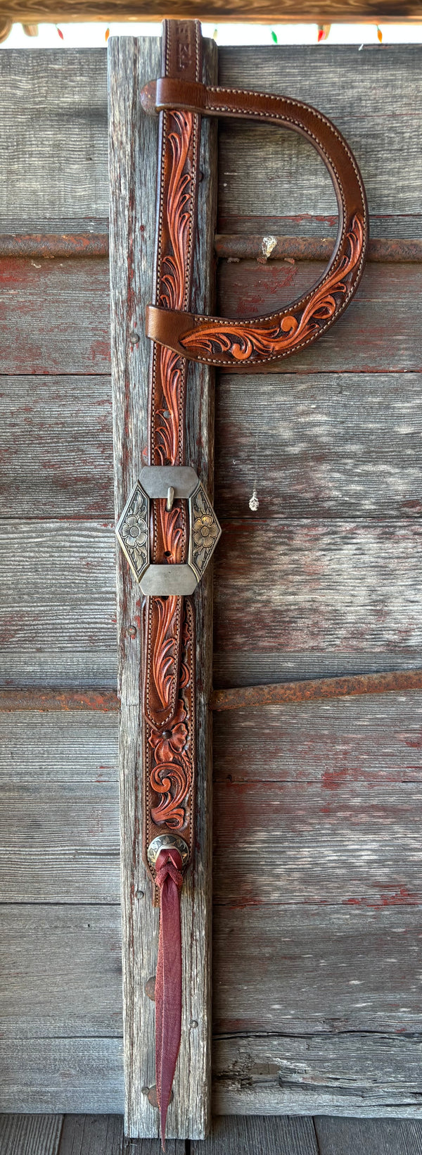 TM Leather Two-Tone Brown Floral and Scroll Ear Loop Headstall w/ Floral Diamond Buckles