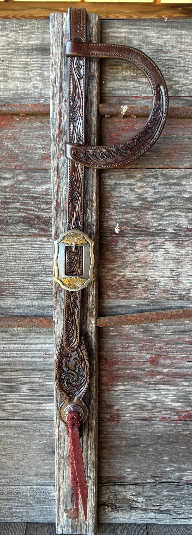 TM Leather Chocolate Floral and Scroll Ear Loop Headstall w/ Scallop Sunflower Buckles
