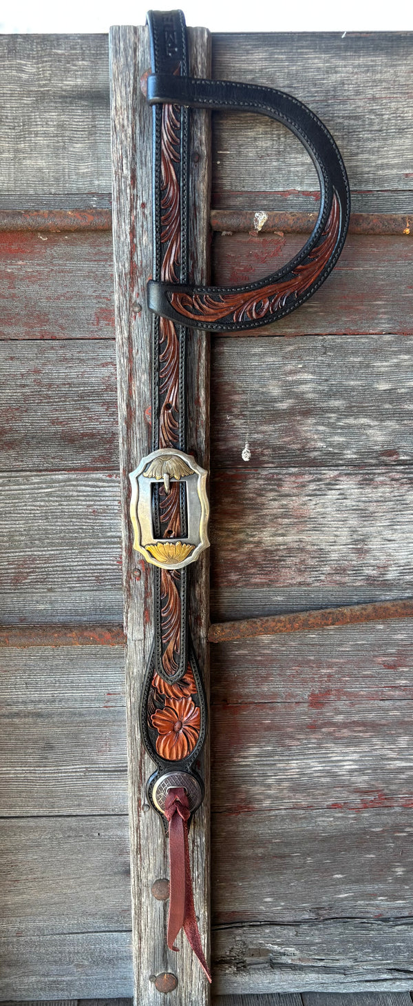 TM Leather Black and Brown Floral and Scroll Ear Loop Headstall w/ Scallop Sunflower Buckles