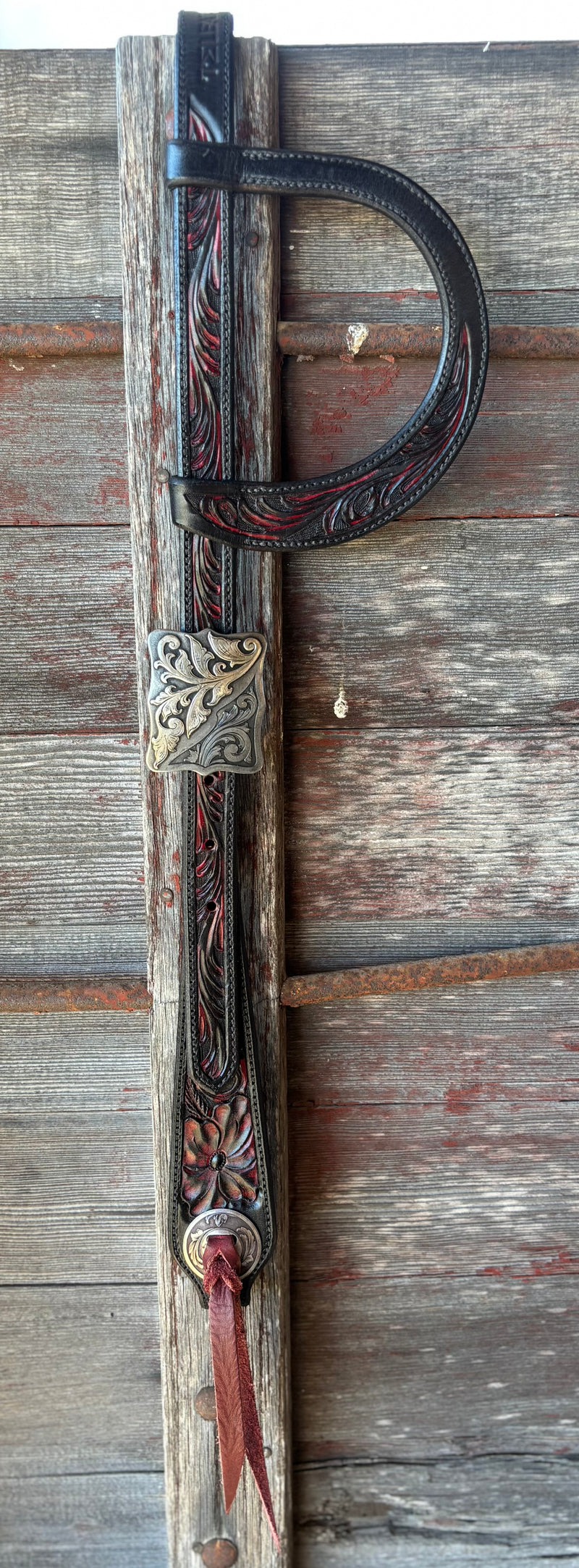 TM Leather Two-Tone Chocolate and Red Floral and Scroll Ear Loop Headstall w/ Square Scroll Buckles