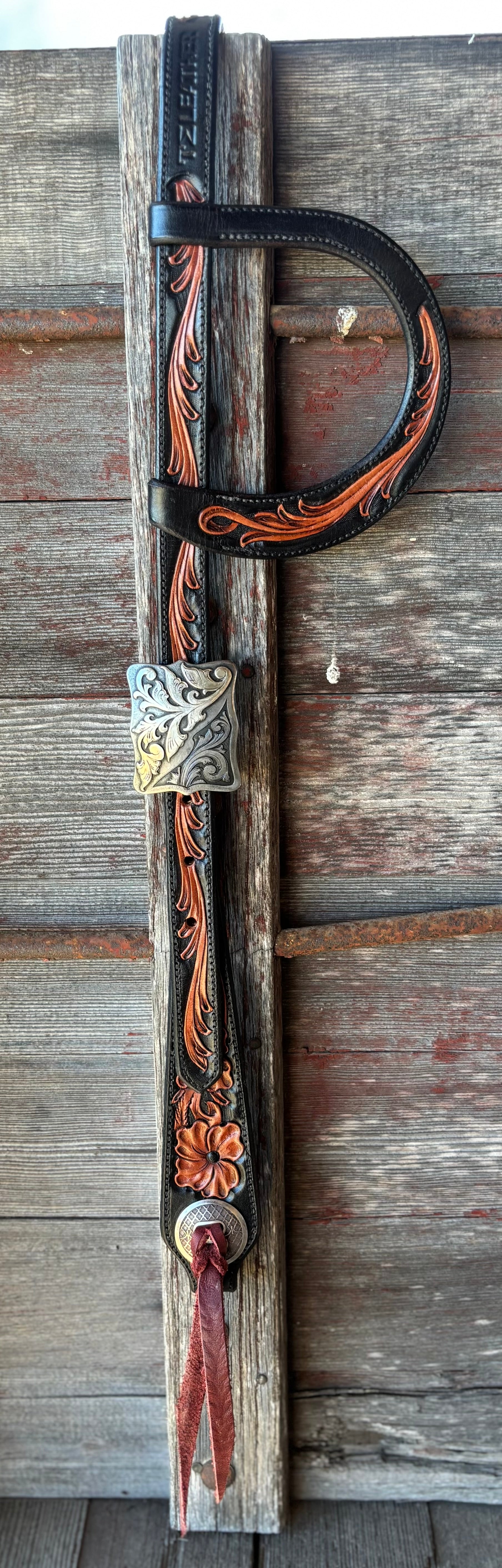 TM Leather Two-Tone Brown and Black Floral and Scroll Ear Loop Headstall w/ Square Scroll Buckles (Copy)