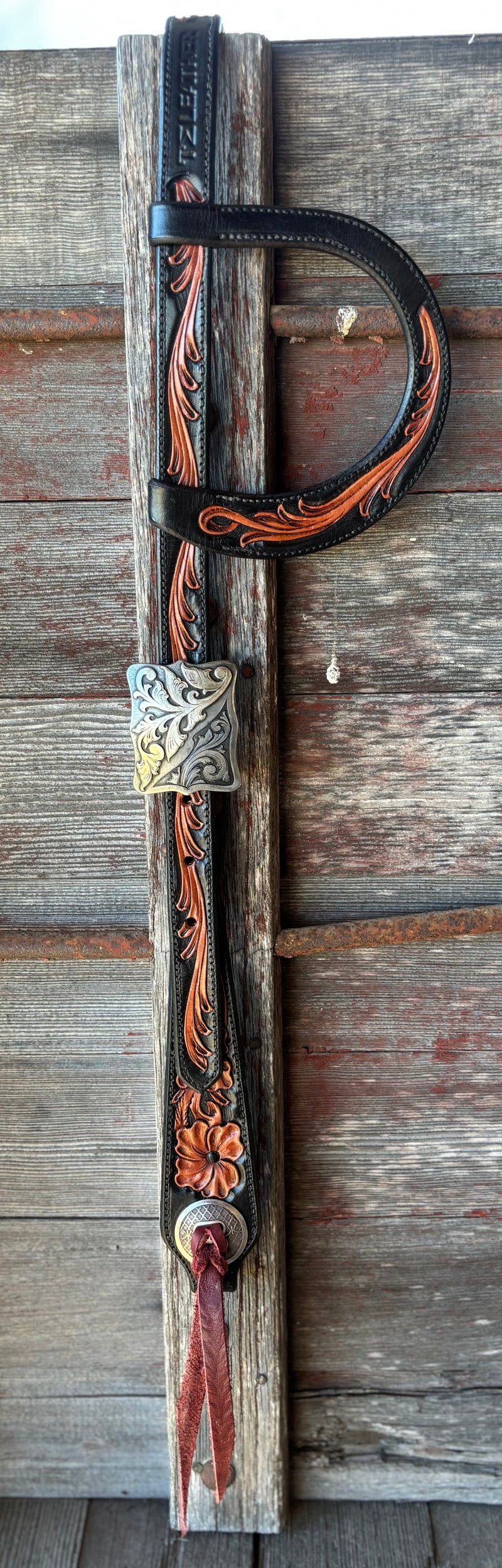 TM Leather Two-Tone Brown and Black Floral and Scroll Ear Loop Headstall w/ Square Scroll Buckles (Copy)