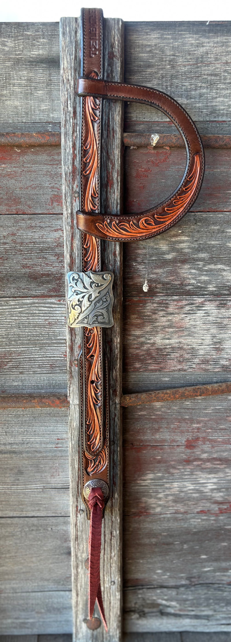 TM Leather Two-Tone Brown Floral and Scroll Ear Loop Headstall w/ Square Scroll Buckles