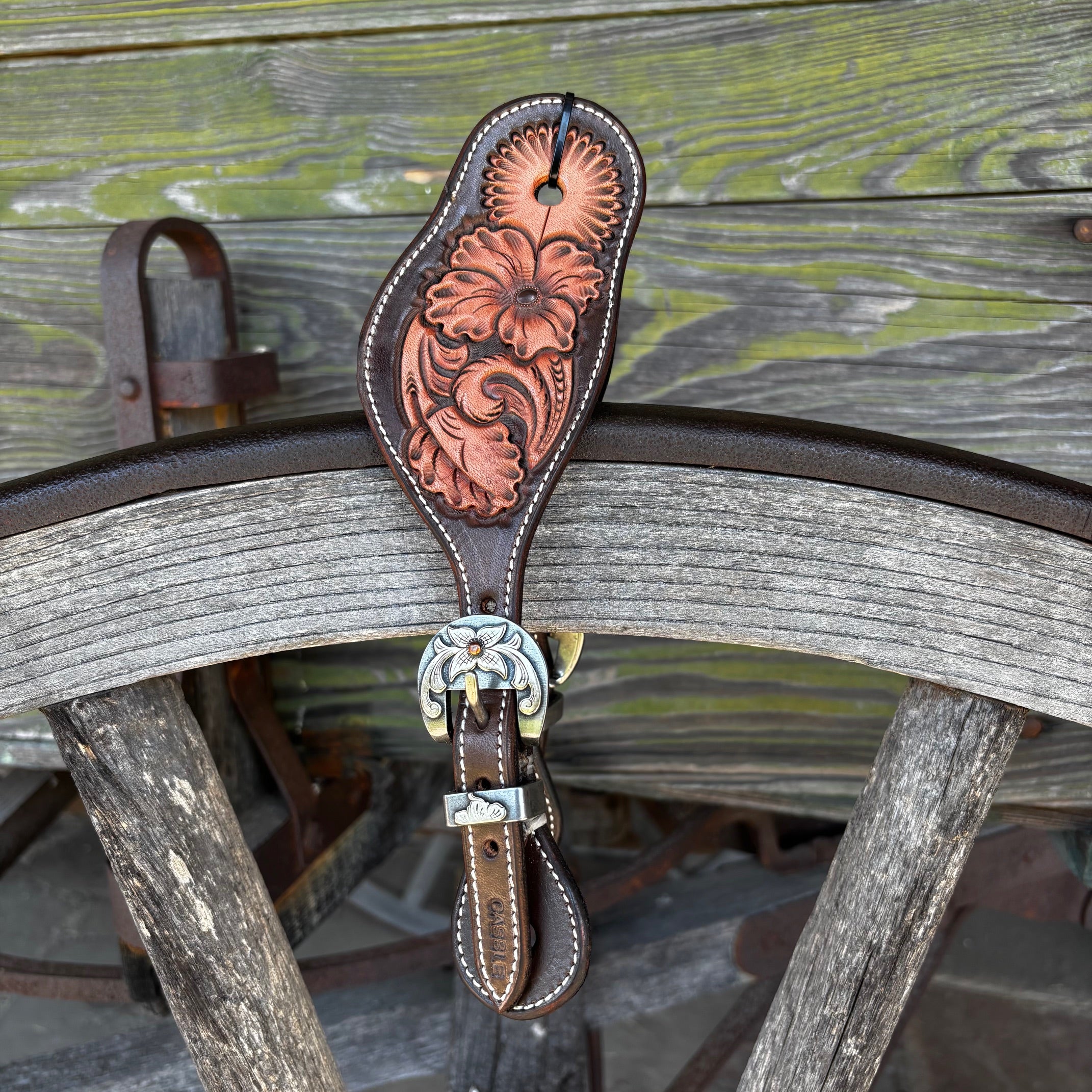 Clay Cassle Medium-Large Round Tooled Brown Two-Tone Spur Straps w/ KK Fancy Buckles