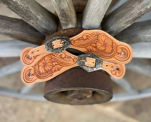 Jake Vance Large Tooled Spur Straps w/ KK Diamond Buckles