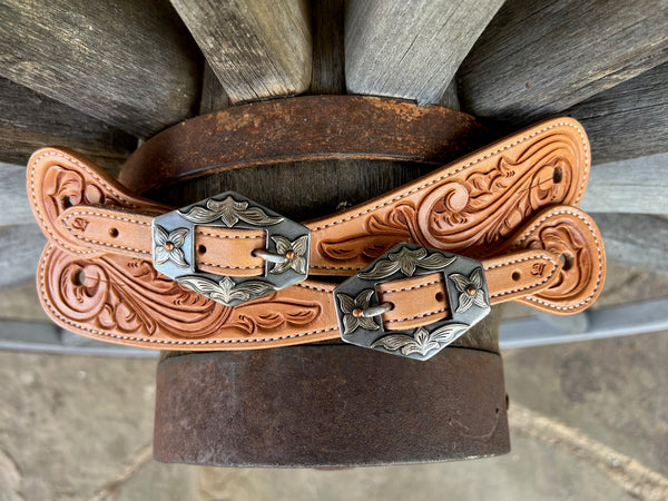Jake Vance Large Tooled Spur Straps w/ KK Diamond Buckles