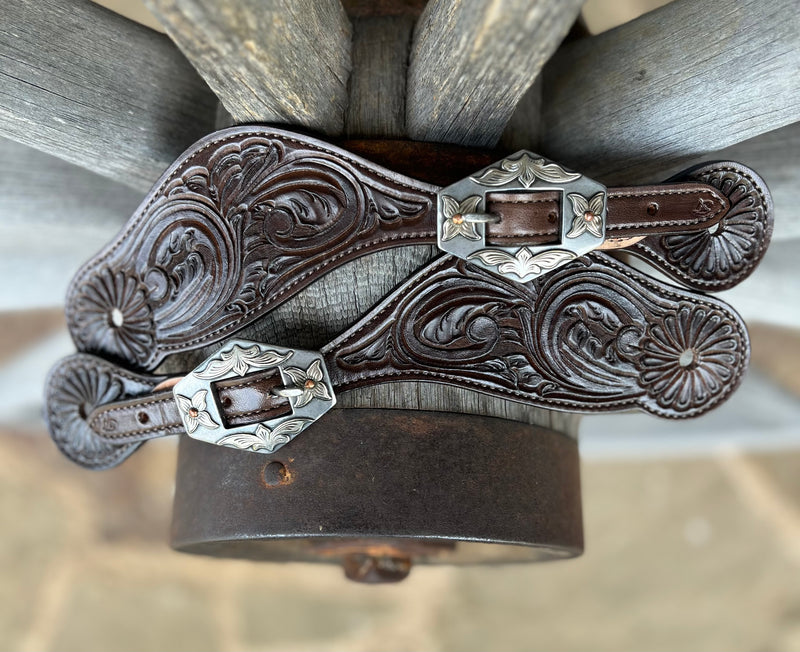 Jake Vance X- Large Tooled Spur Straps w/ KK Diamond Buckles