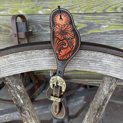 Clay Cassle Medium-Large Round Tooled Brown Two-Tone Spur Straps w/ KK Fancy Buckles