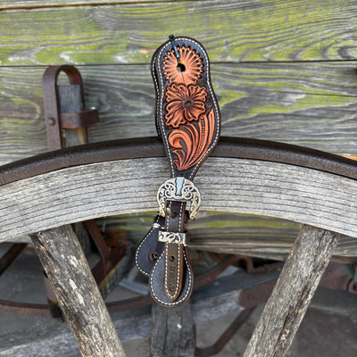 Clay Cassle Small-Medium Round Tooled Brown and Natural Spur Straps w/ KK Fancy Buckles
