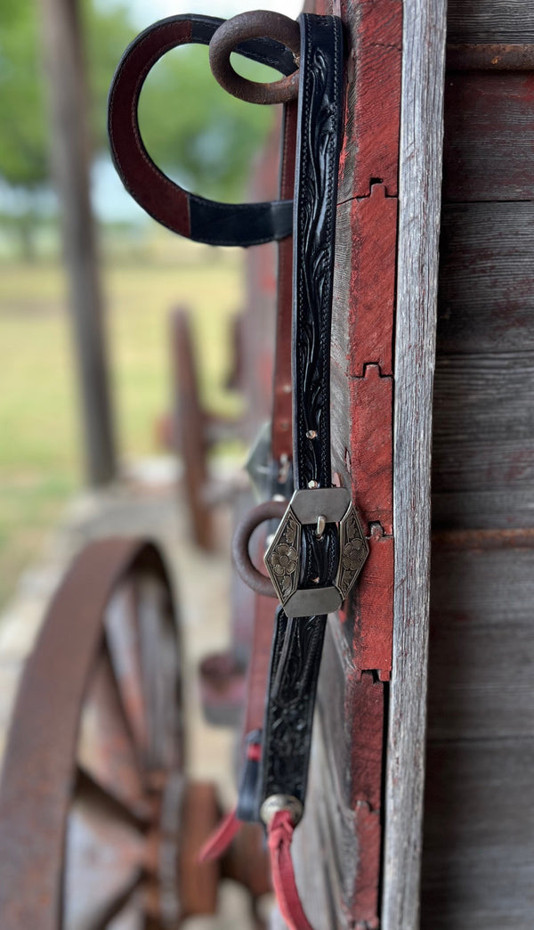 TM Leather Black Tooled Ear Loop Headstall w/ Floral Diamond Buckles