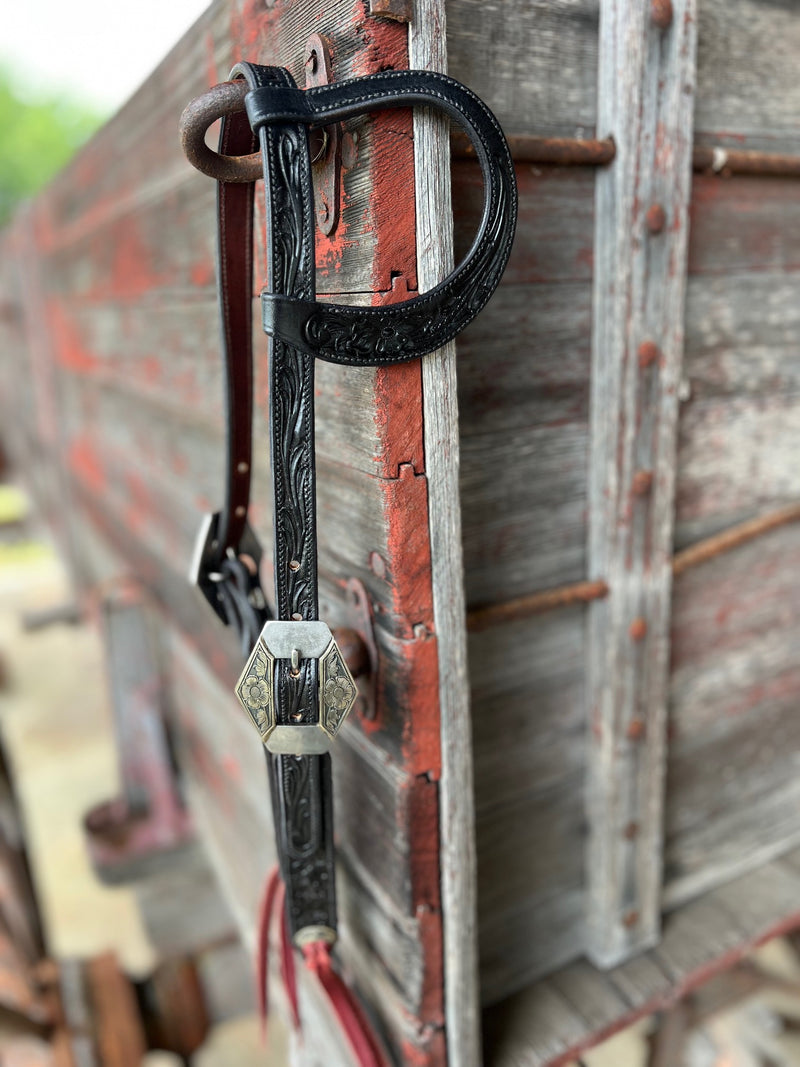 TM Leather Black Tooled Ear Loop Headstall w/ Floral Diamond Buckles