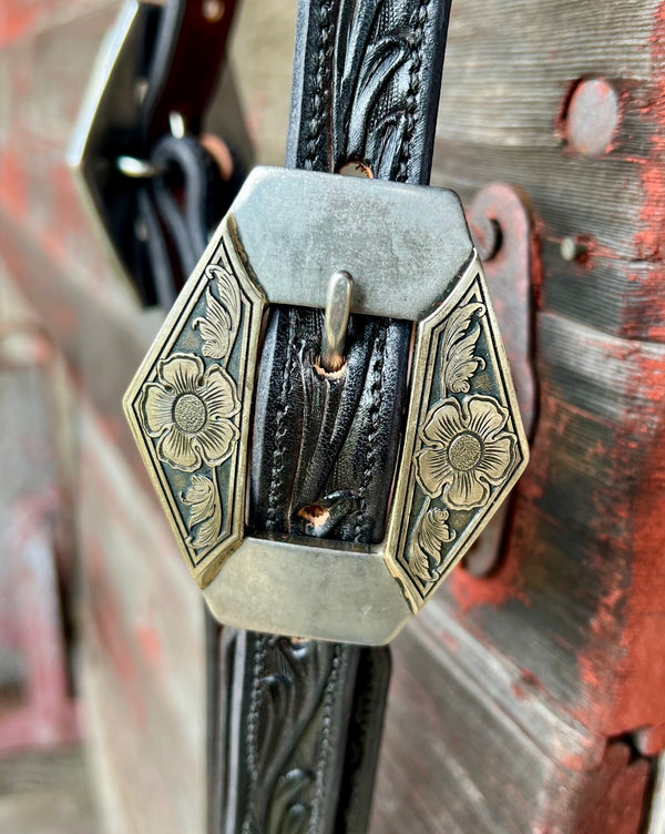 TM Leather Black Tooled Ear Loop Headstall w/ Floral Diamond Buckles