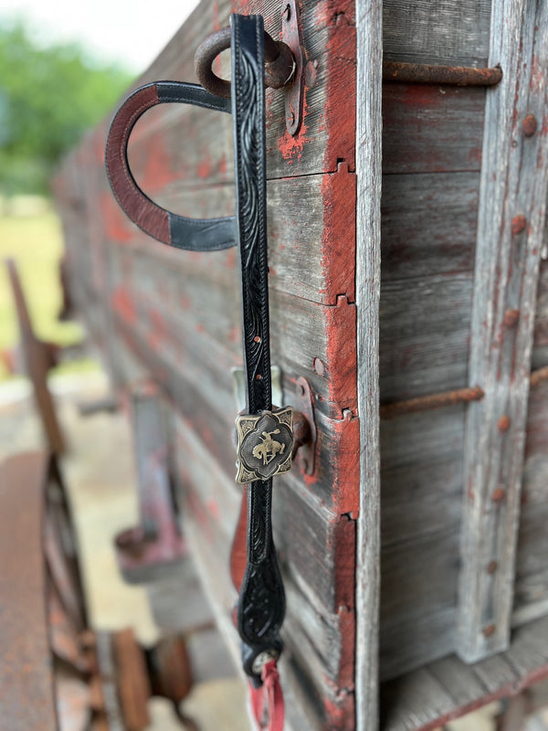 TM Leather Black Tooled Ear Loop Headstall w/ Fancy Bronco Square Buckles