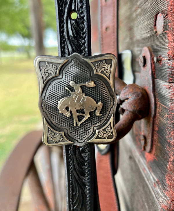 TM Leather Black Tooled Ear Loop Headstall w/ Fancy Bronco Square Buckles