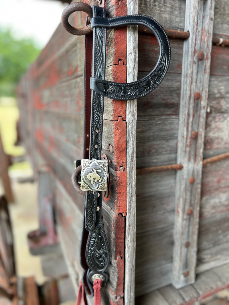 TM Leather Black Tooled Ear Loop Headstall w/ Fancy Bronco Square Buckles