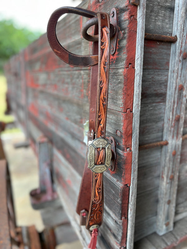 TM Leather Chocolate and Natural Tooled Ear Loop Headstall w/ Vine Engraved Buckles