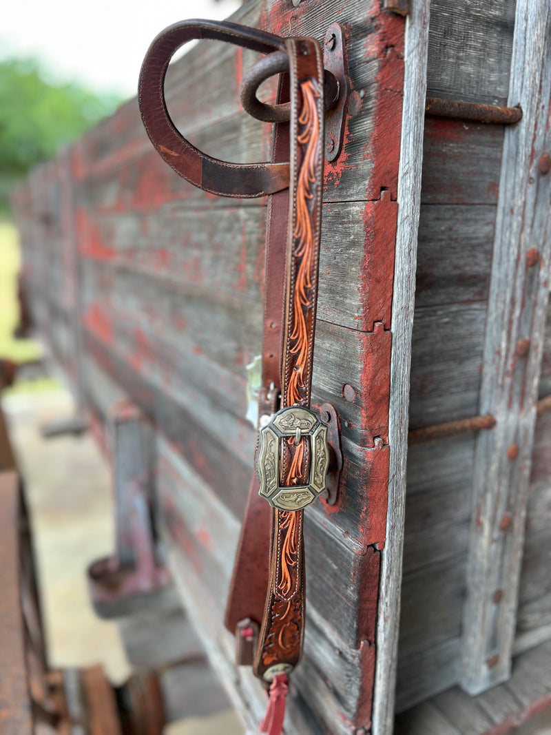 TM Leather Chocolate and Natural Tooled Ear Loop Headstall w/ Vine Engraved Buckles