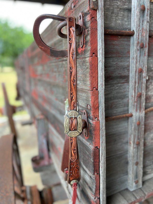 TM Leather Chocolate and Natural Tooled Ear Loop Headstall w/ Vine Engraved Buckles