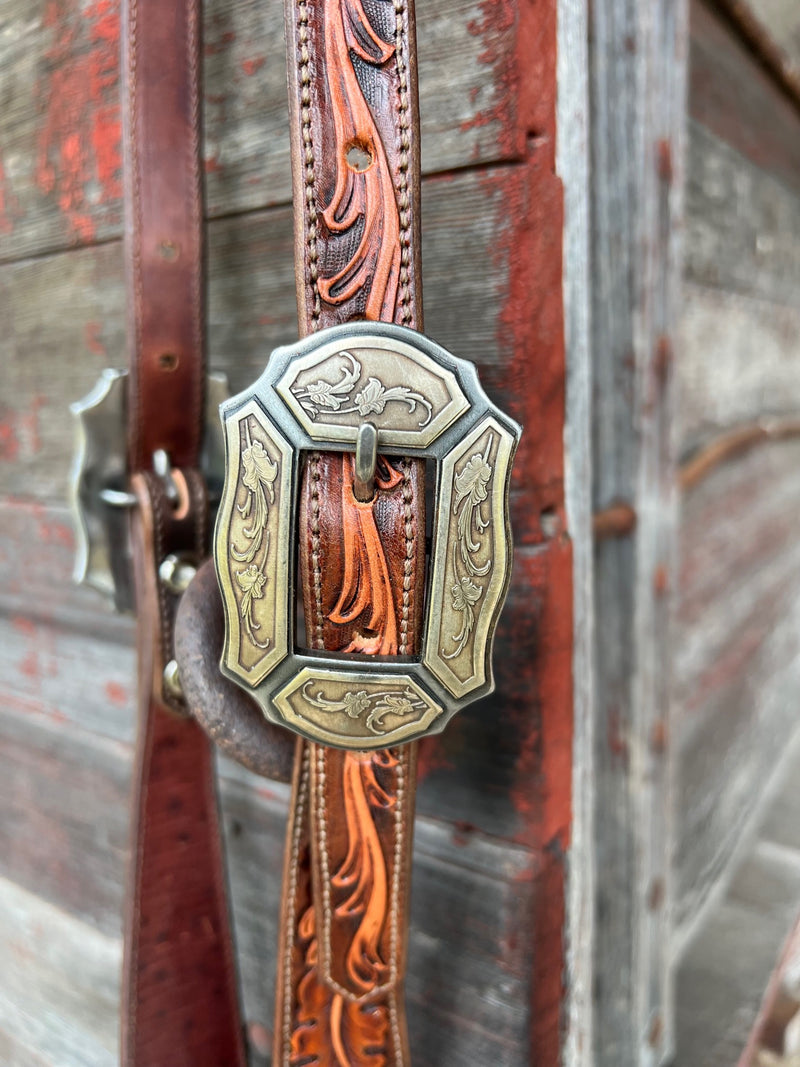 TM Leather Chocolate and Natural Tooled Ear Loop Headstall w/ Vine Engraved Buckles